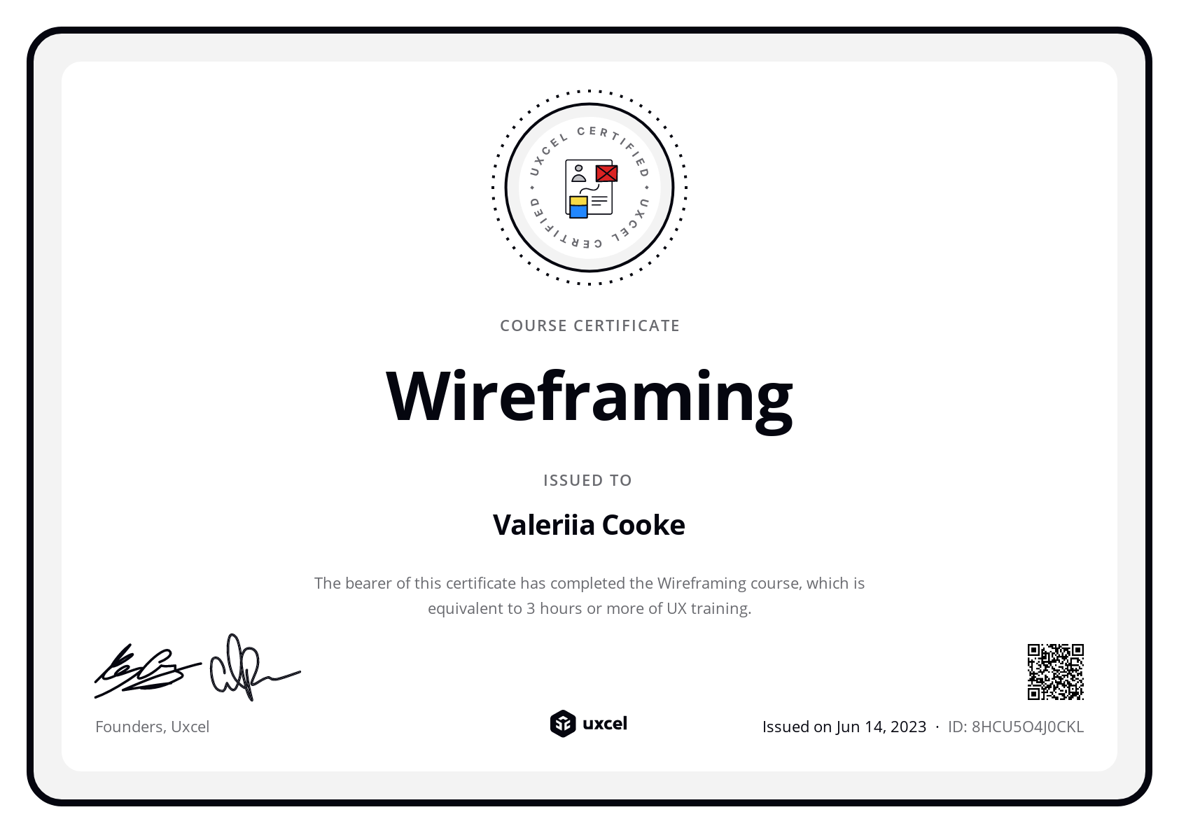 Valeriia Cooke's certificate